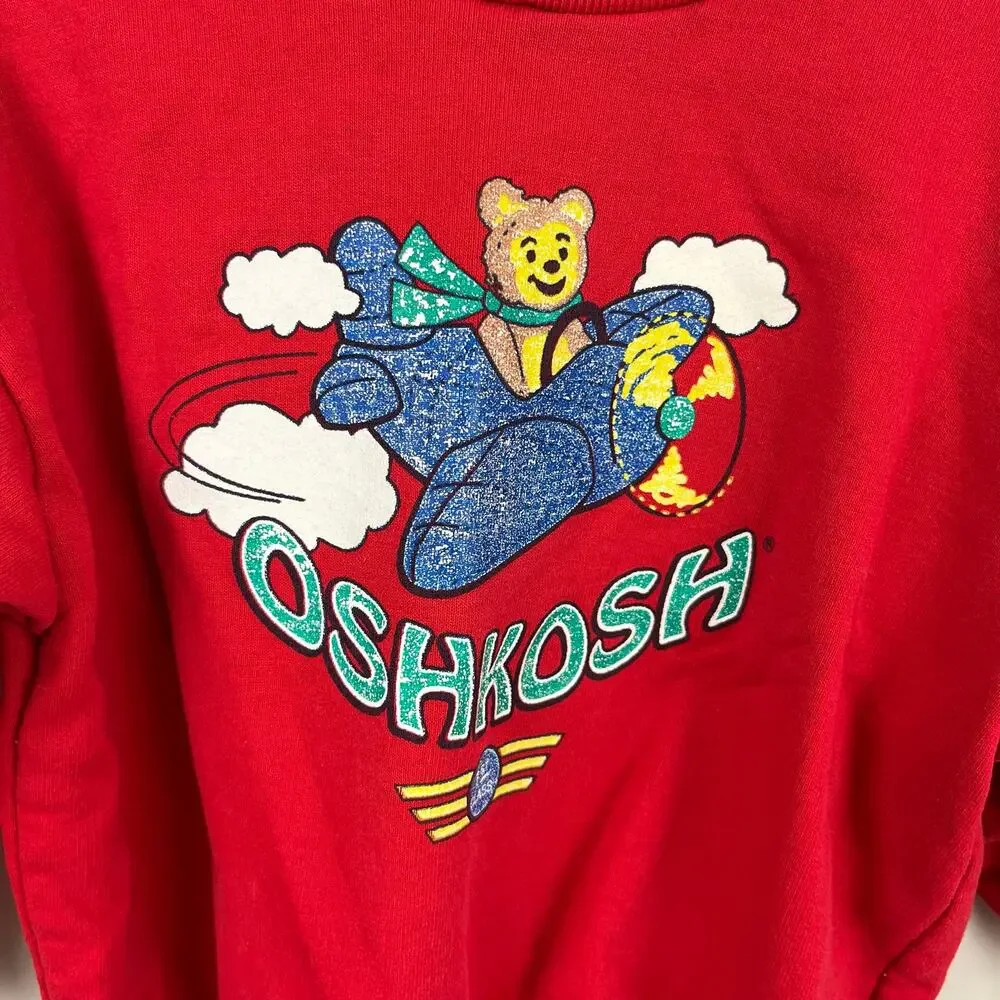 Vintage OshKosh B'gosh Red Pudgy Plane Teddy Bear Sweatshirt 2T